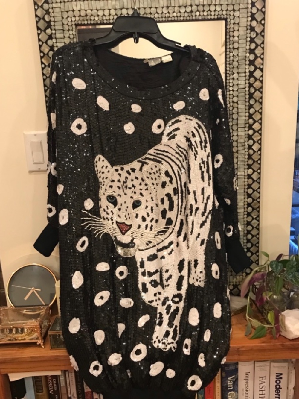 Vintage Black Silk Sweater Dress with Hand-beaded White Tiger - mint, size M/L